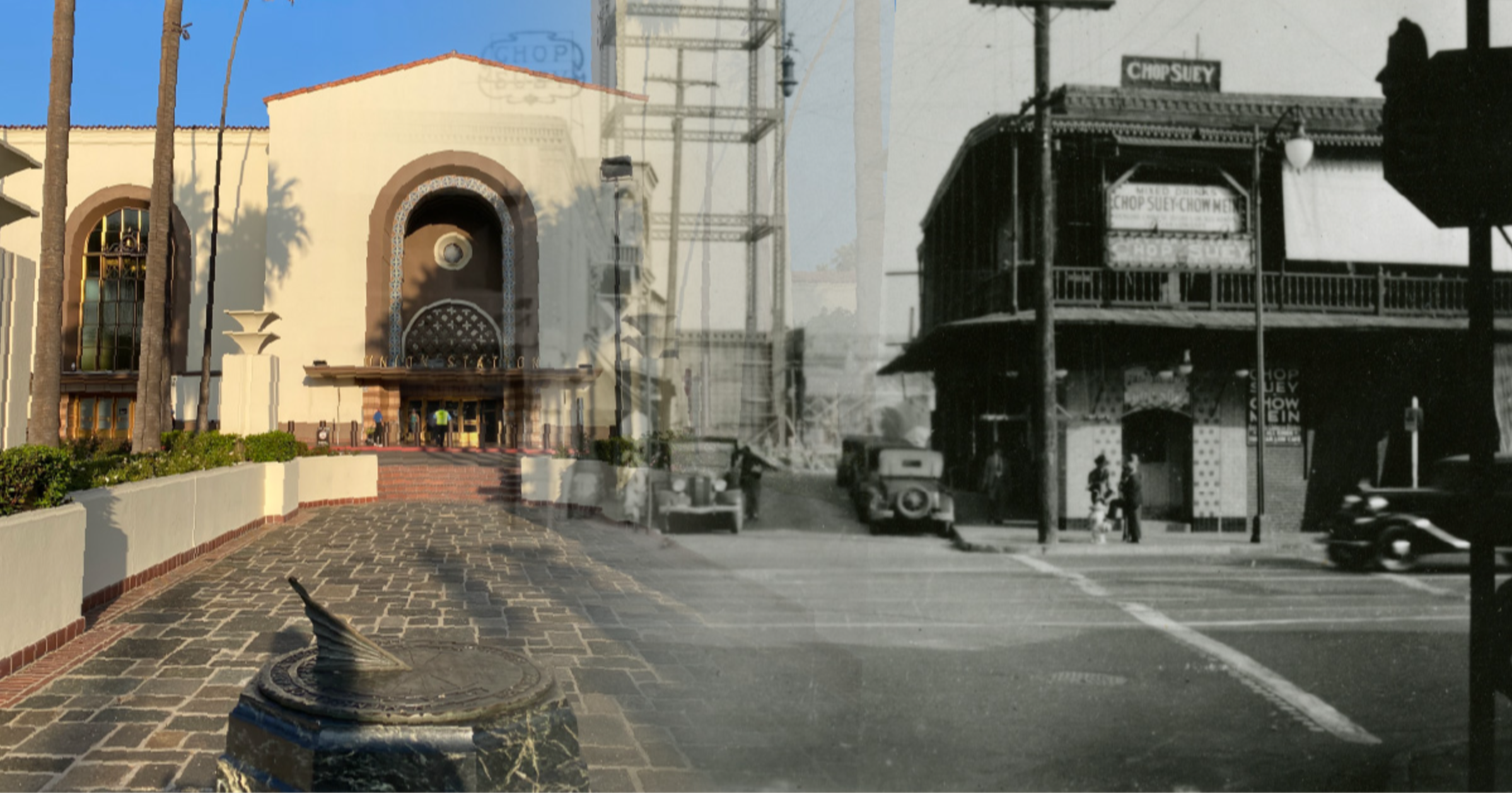 A split view of Union Station and the intersection of Alameda and Marchessault St