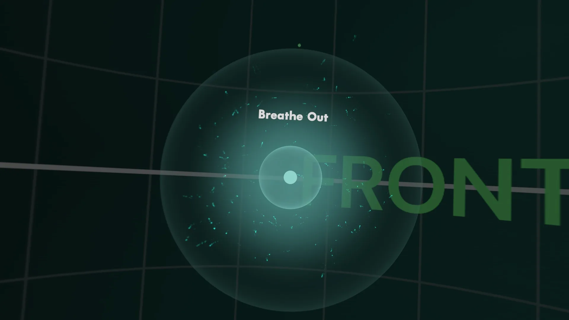 The in-headset guided breathing visual: a glowing teal sphere labeled Breathe Out, contracting toward a bright core