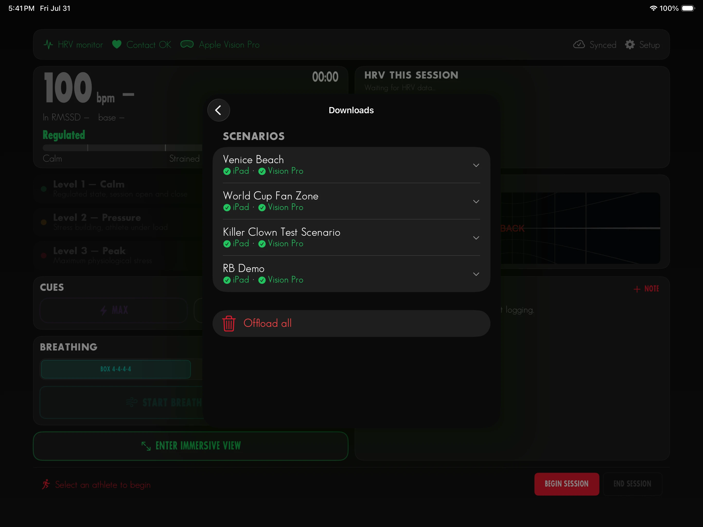 The downloads sheet listing four scenarios, each showing a green confirmation that its media is cached on both the iPad and the Vision Pro, above an offload all button