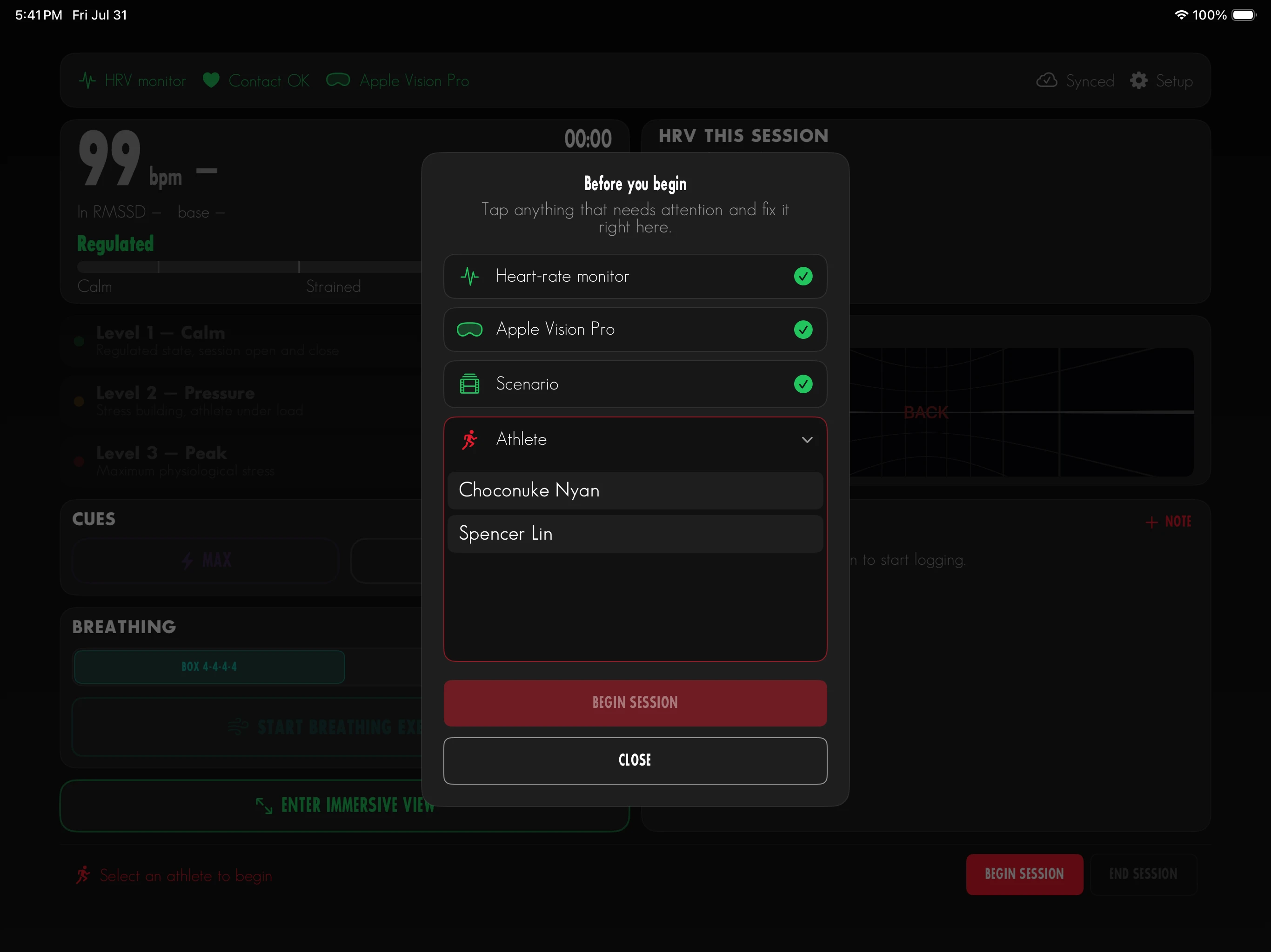 A before you begin checklist confirming the heart-rate monitor, Apple Vision Pro, and scenario are ready, with the athlete row flagged in red and expanded to a list of athletes to choose from
