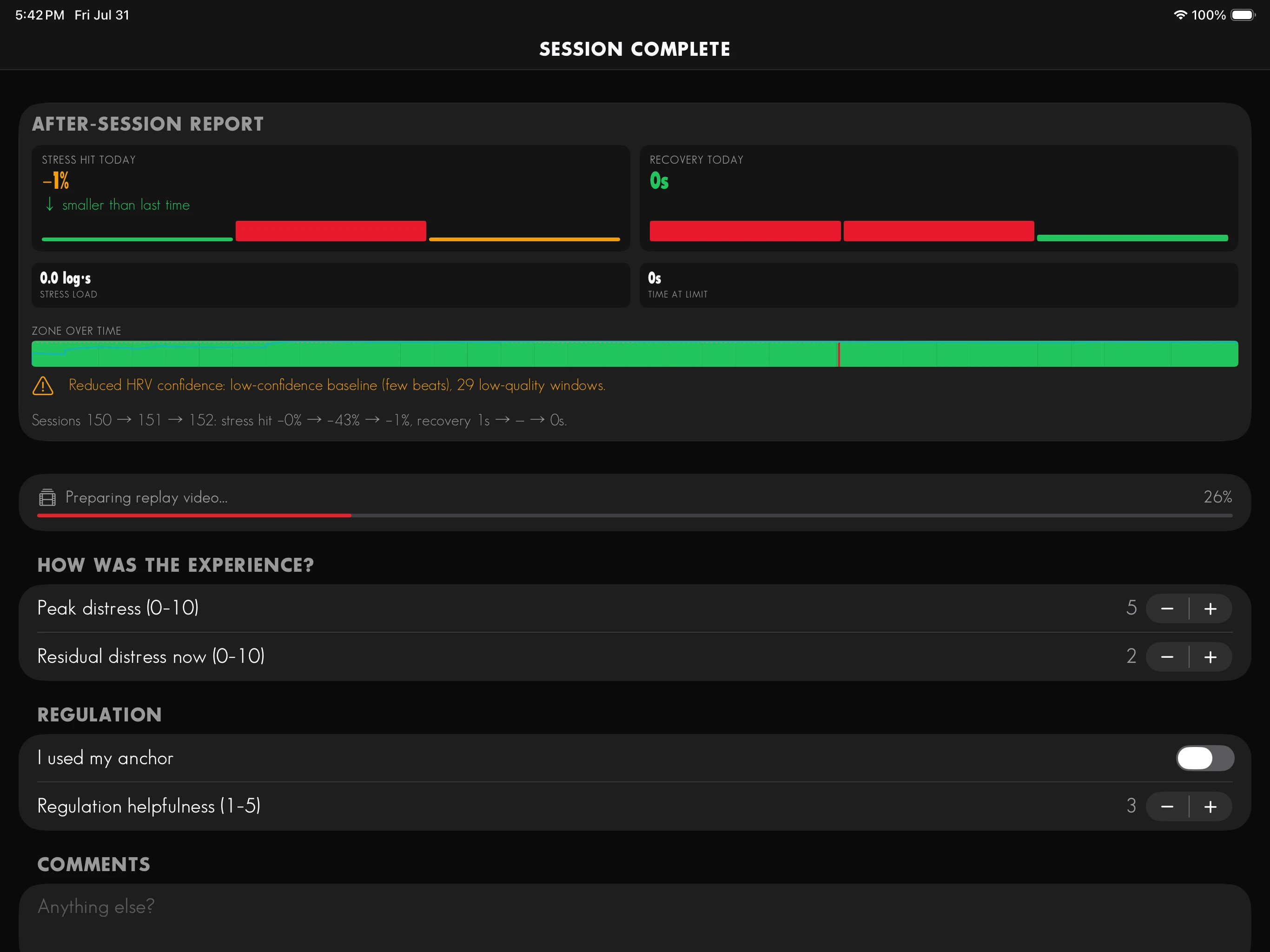 The session complete screen with an after-session report showing stress hit, recovery, stress load, and a zone-over-time bar, a replay video rendering at 26 percent, and self-report scales for distress and regulation