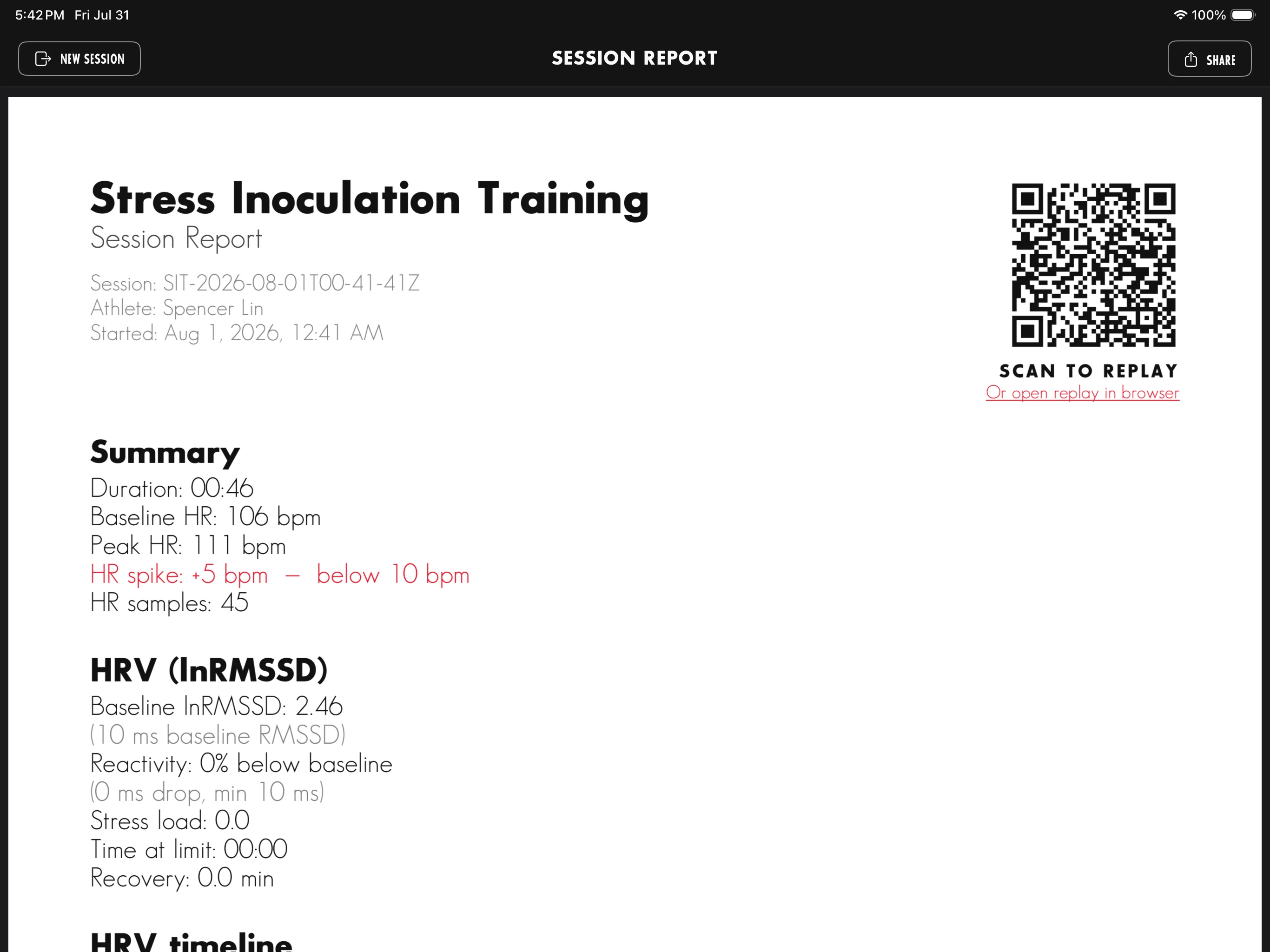 A generated stress inoculation training after action report with athlete and timing details, a heart rate and HRV summary, and a scan-to-replay QR code