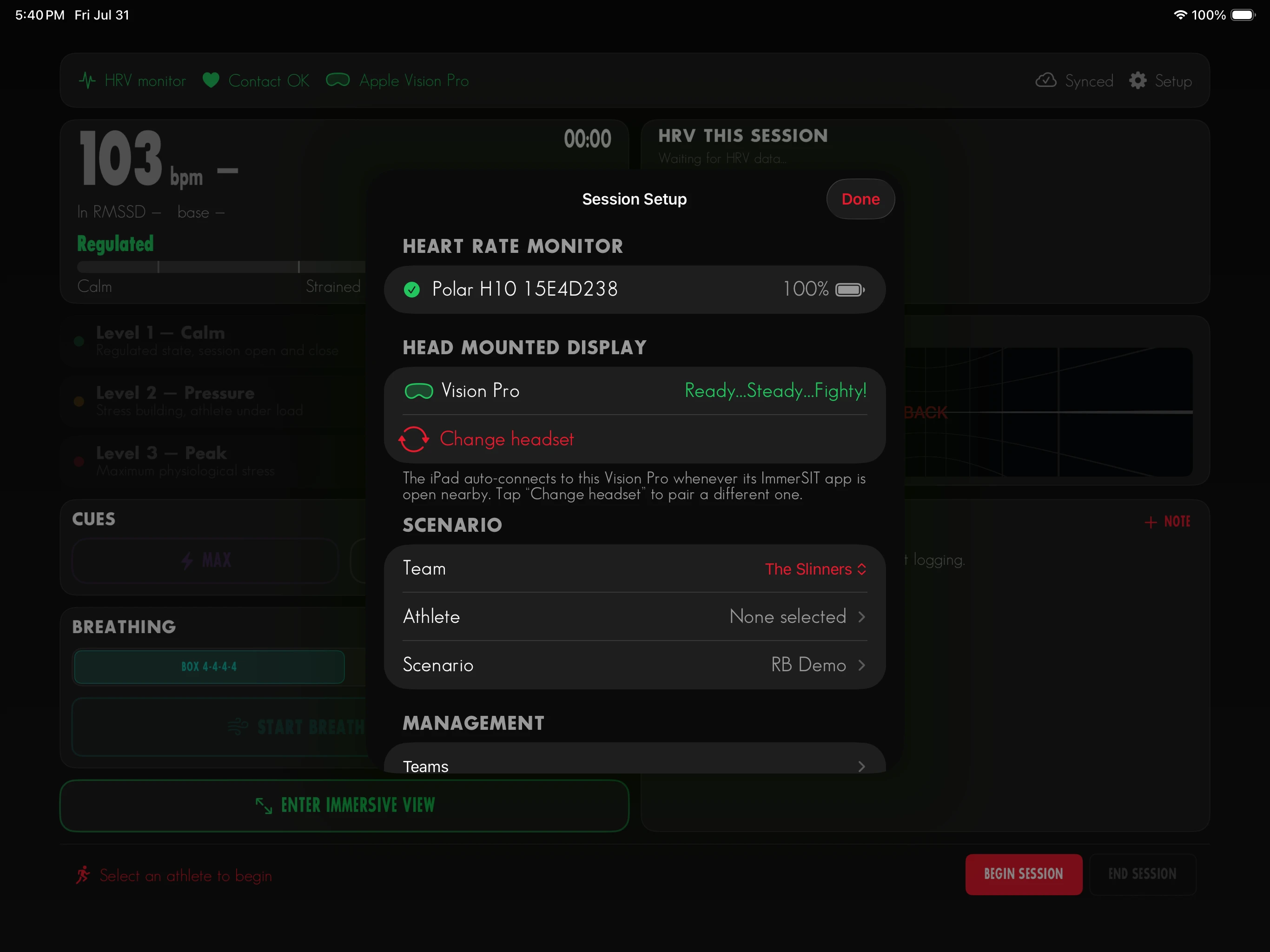 The session setup sheet on iPad, listing a connected Polar H10 chest strap at full battery, a paired Vision Pro headset, and pickers for team, athlete, and scenario